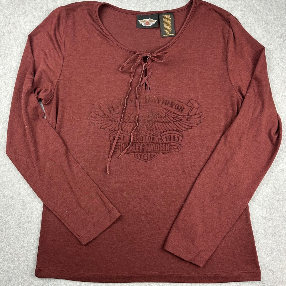 Harley Davidson Womens Maroon Lace Up Flocked Eagle Long Sleeve Shirt Large